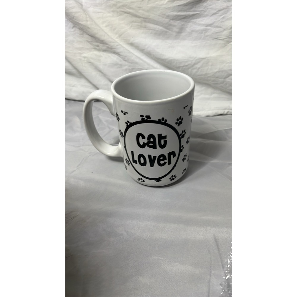 Cat Lover Ceramic Coffee Mug Cup Paw Prints White Black